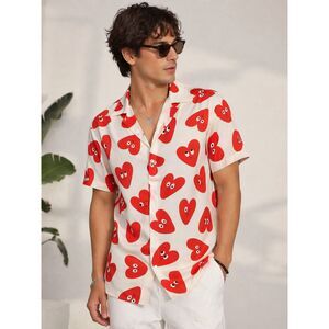 Manfinity Men's Heart Print Button-Up Shirt – Short Sleeve Revere Collar Casual